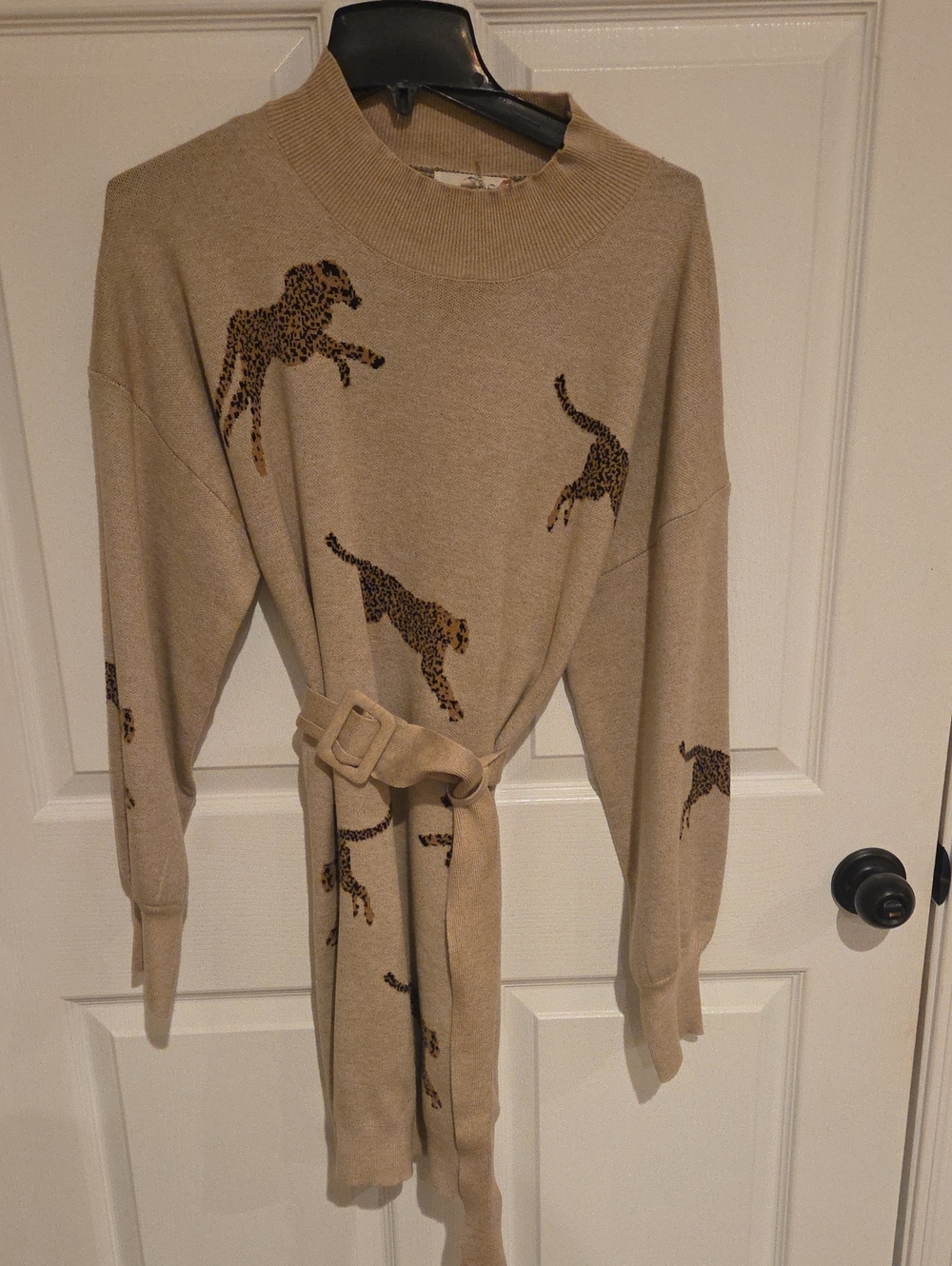 entro Beige Leopard-Print Belted Crewneck Sweater